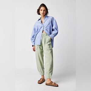 Barrel Leg Utility Pants Cameo Green High Waist Linen Twill Size 24 Mother